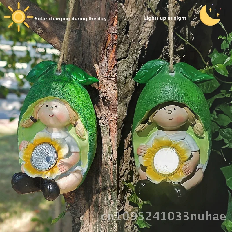 Solar-Powered Resin Garden Ornaments Fruit Pendants Luminous Home Decoration Courtyard Crafts Gift Ideas Cartoon Style Green Red