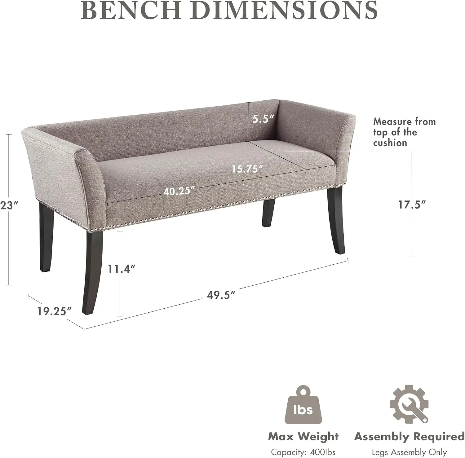 Upholstered Accent Entryway Bench With Backrest Padded Seat Cushion Decorative Nailhead Trim End Of Bed Storage Bench Support Stand For Living Room Bedroom Grey - view 3
