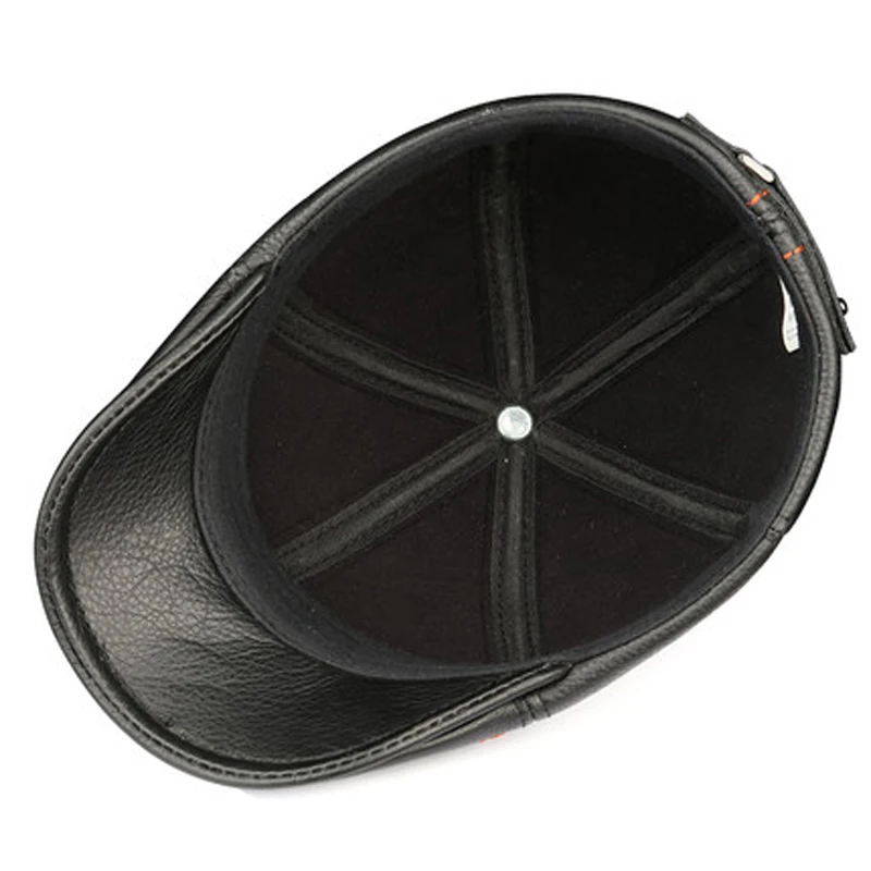 New Cowhide Genuine Leather Men Berets Cap Hat High Quality Fashion Men\'s Real Leather Adult Striped Black Hats