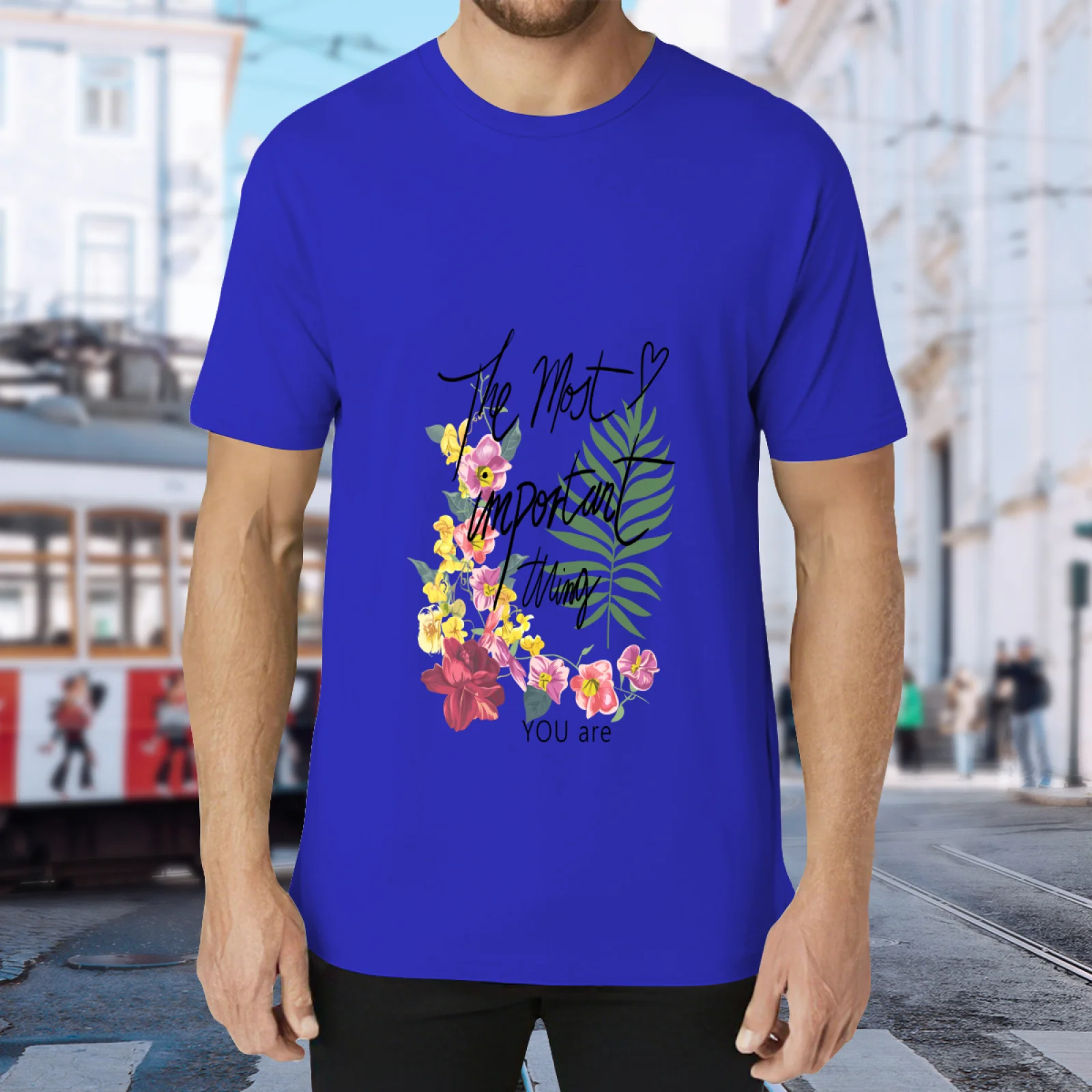 Kawaii Flower Print T-Shirt, Cute Botanical Letter Graphic Tee, Trendy Harajuku Style Casual Summer Shirt, Unisex Blue Short Sleeve Top