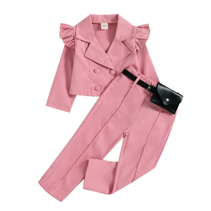 Toddler Little Girls Outfit Pants Set Kids Suits with Blazer Button Down Jacket Trousers Waist Bag