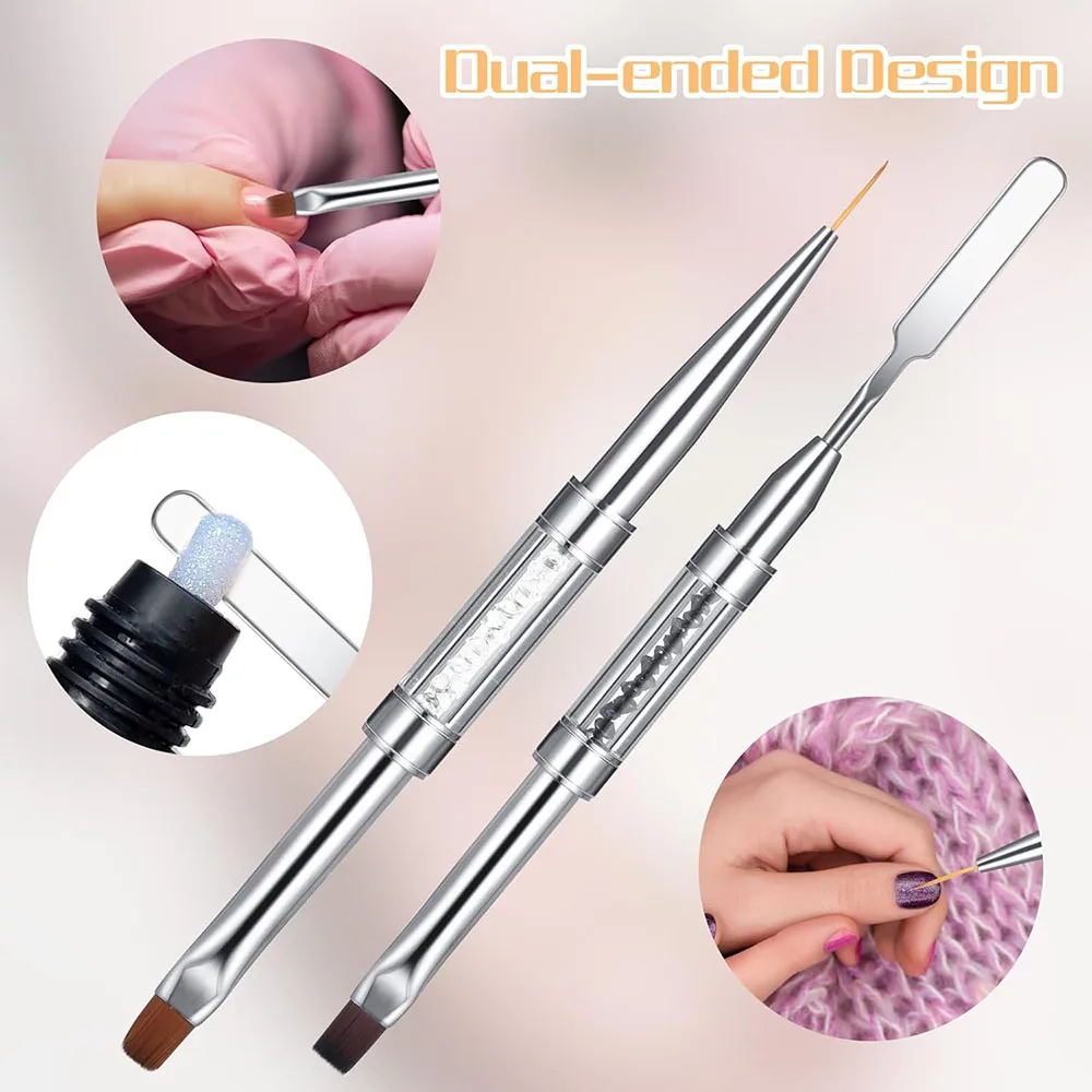 Dual-Ended Hard Nail Art Brush Builder Gel Rhinestone Handle French Tip for Manicure Design Polish Gel Liner Professional Pen