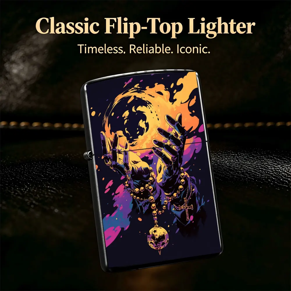 Pocket Lighter, Flip-Top Windproof Design, Metal Case, Close-Up of Person Holding Ball with Chain Graphic, Ergonomic Grip, Portable Igniter