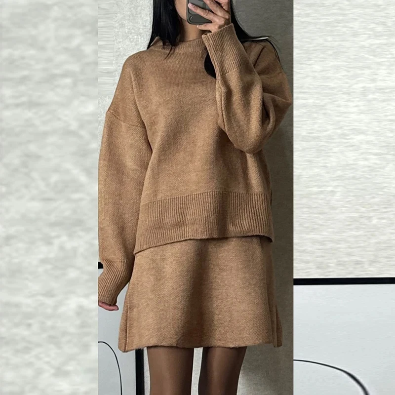 Sweet Mini Knit Skirts Set All Match Solid O-neck Long Sleeve Sweater Tops&Half Dresses Suit Elegant Winter 2Pcs Party Outfits