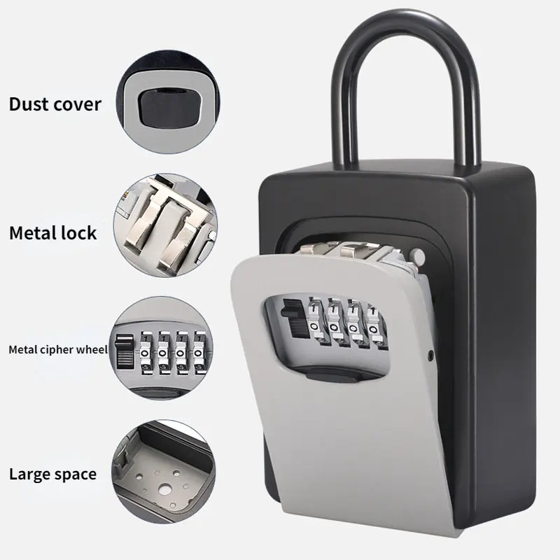 Key Lock Box Wall Mounted Aluminum Alloy Key Safe Box Weatherproof 4 Digit Combination Keys Storage Lock Boxes Indoor Outdoor