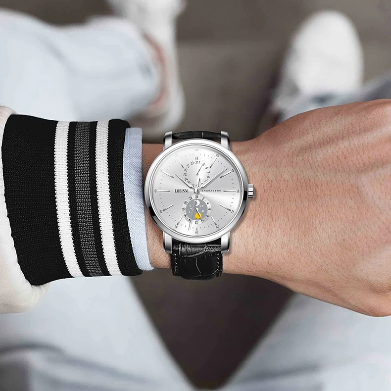 LOBINNI Men Quartz Watch Fashion Wristwatch Waterproof Luminous Sapphire Mirror Date 24 Hours Sun Moon Indicator Fashion Watches