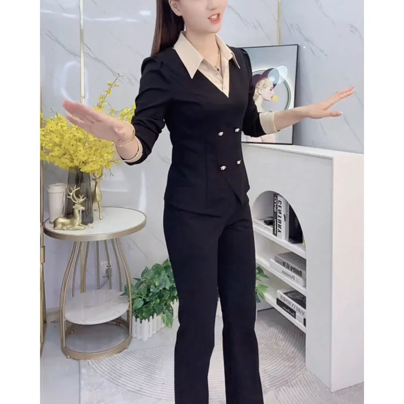 

Fashion Spring And Autumn 2025 Age-Reducing Slimming Stitching Fake Two-Piece Shirt Collar Coat+Casual Pants Two-Piece Suit
