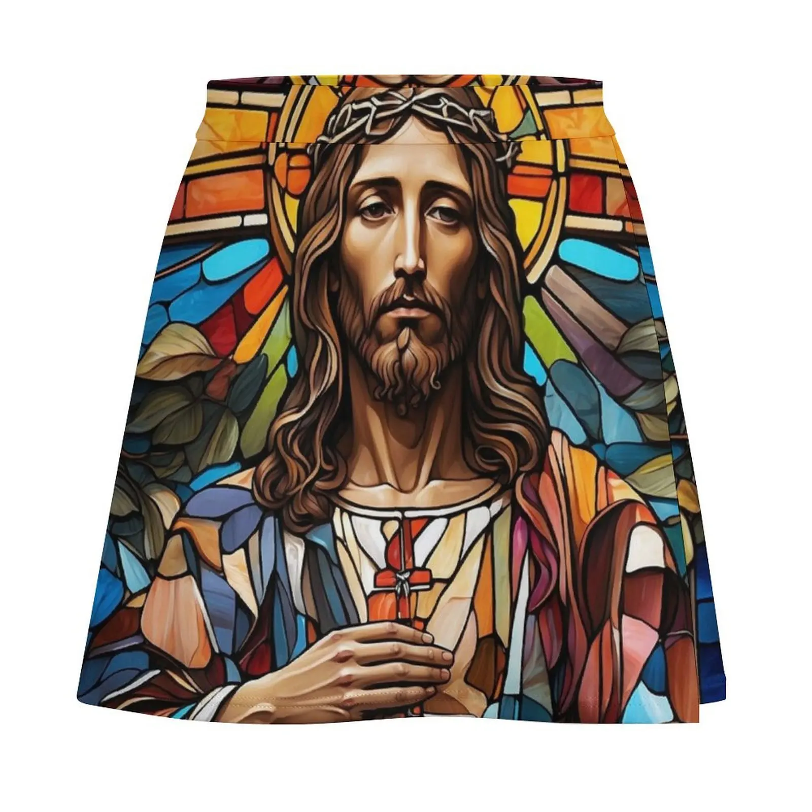 Conjunto de minifalda de Arte de crucifijo de cristal manchado de Jesús para mujer, Falda corta, ropa corta