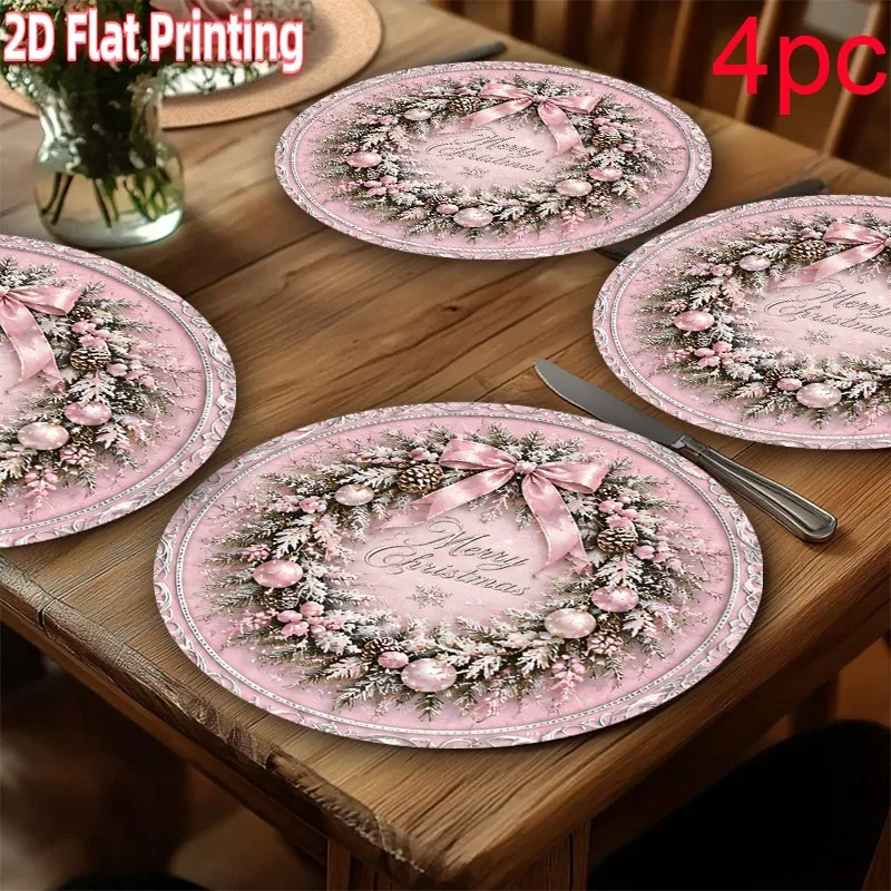 VIKAMA Linen Scalloped Placemats, Green Santa Snowy Forest, Washable Stain Resistant Easy Clean, Christmas Dinner