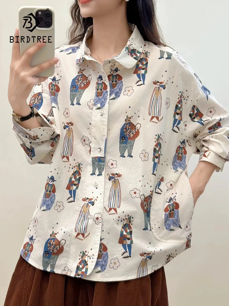 

Новая осенняя хлопковая рубашка с длинными рукавами 2025, женская рубашка с отложным воротником и милым принтом, шикарная свободная блузка Mori Girl Age Reduction T59721CC