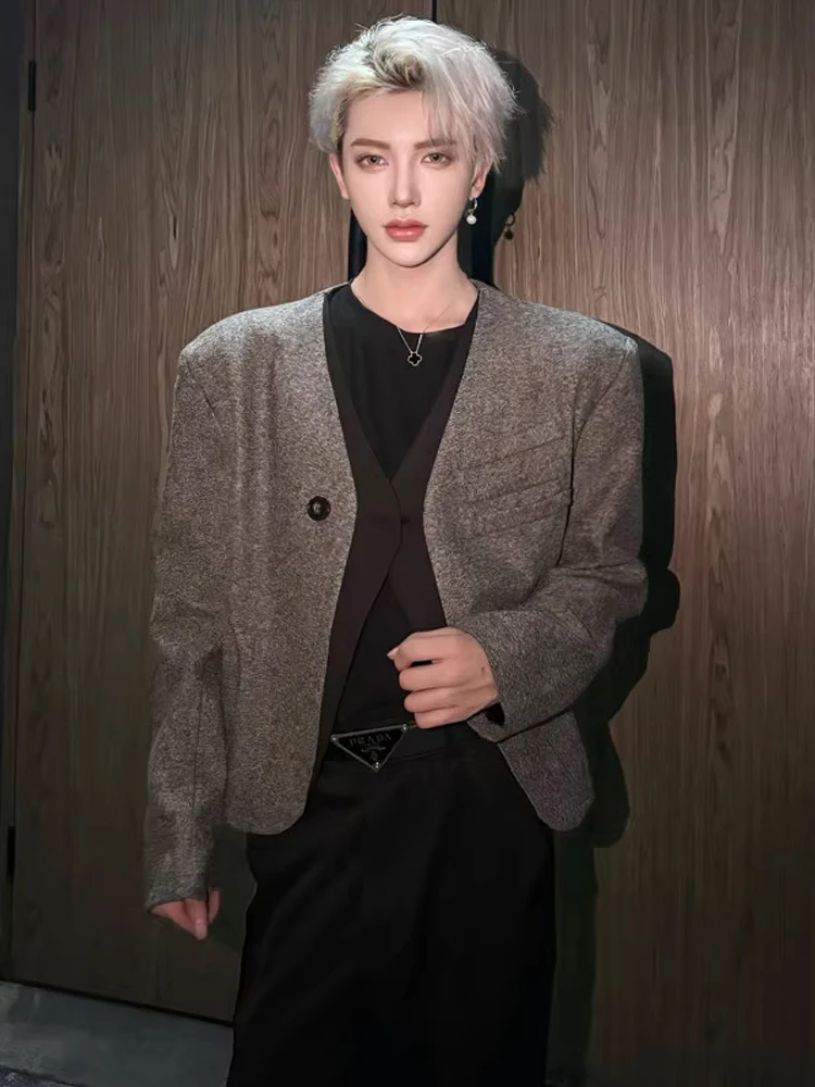 

Korean Sle Chic One-oulder Pad oulder Suit Jaet Men's Long Sve No Collar Faionable Casual Outerwear