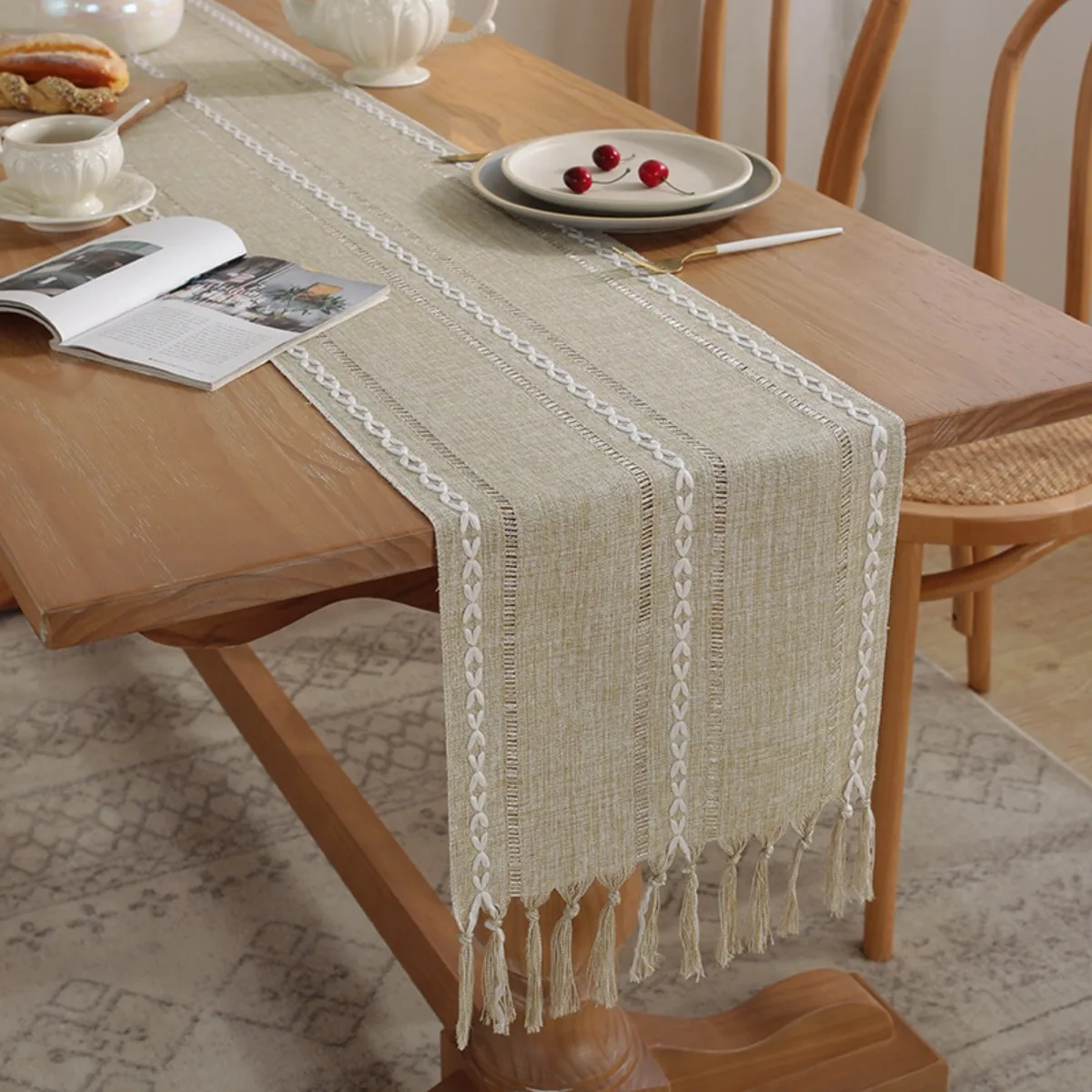 Farmhouse Table Runner Sage Green Cotton Linen Table Runners Embroidered Striped Sage Green Boho Table Runner Rustic Home Decor
