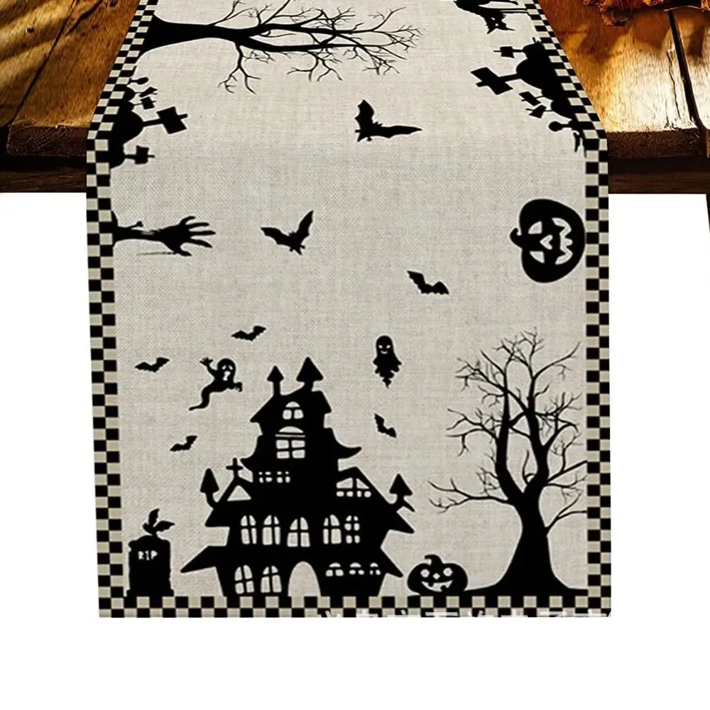 

Reusable Linen Table Runner Anti-Slip Anti-dirty Tablecloth Ghost Pumpkin Bat Washable Placemat Halloween Home Festival Party