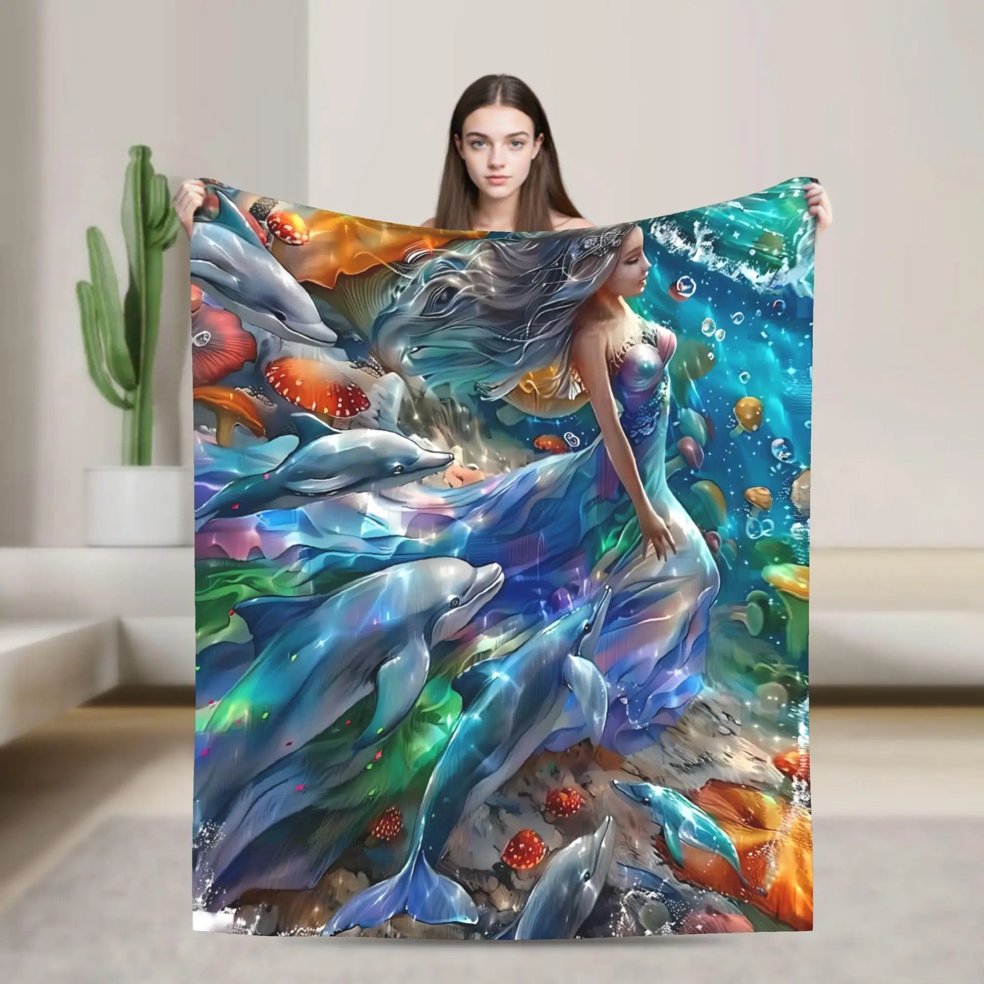Girl with marine creature pattern Flannel printed blanket suitable for all seasons suitable for living room office sofa travel