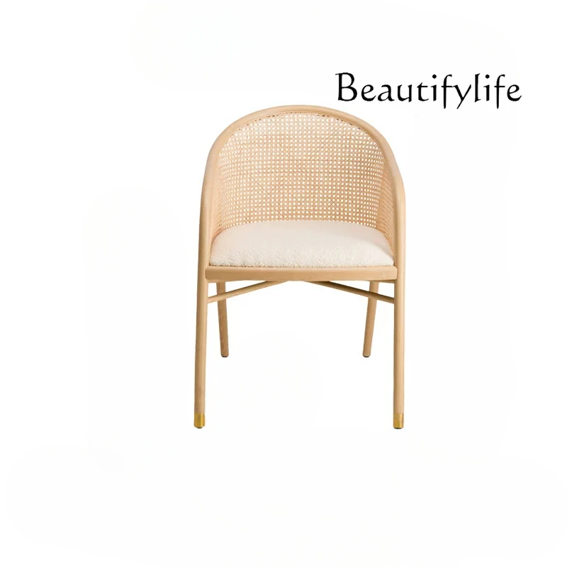 Designer rattan solid wood dining chair home Nordic light luxury backrest desk ash wood leisure chair simple