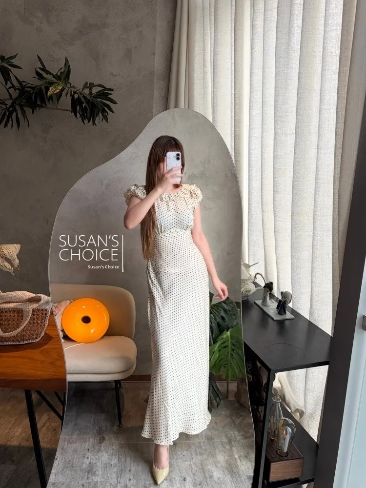 

Susan Do Silk Wrap Waist Dress Polka Dot Bell Sleeve Short Sleeve V Neck H Version City Commute Beach Casual Date Shopping