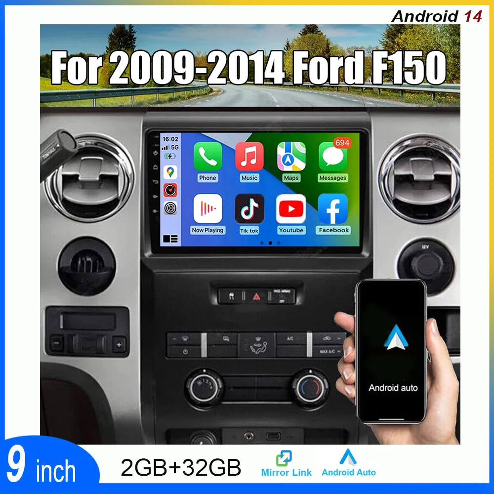 Автомобильная стереосистема Android 14 9 дюймов для Ford F150 2009-2014, подходит для Carplay Android, GPS-навигация, FM SWC, зеркальная связь + AHD
