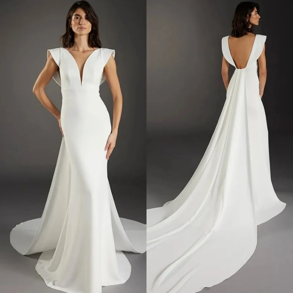 Белое свадебное платье из органзы по индивидуальному заказу, темпераментное свадебное платье с v-образным вырезом и короткими рукавами без рукавов, свадебное платье русалки со шлейфом