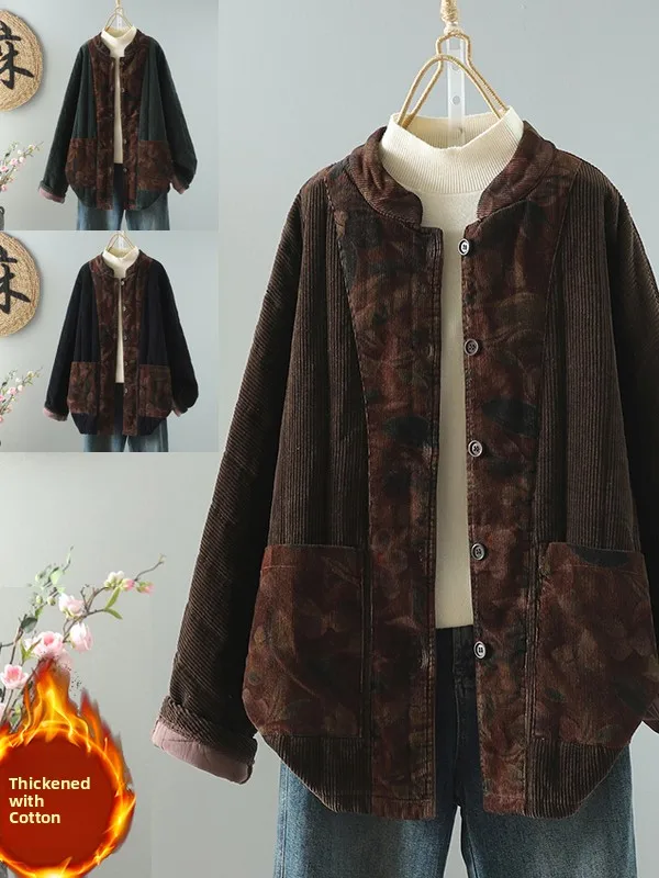 

Thiened Хлопковое женское зимнее модное повседневное вельветовое теплое пальто в клетку с воротником-стойкой на одной пуговице Long Sve