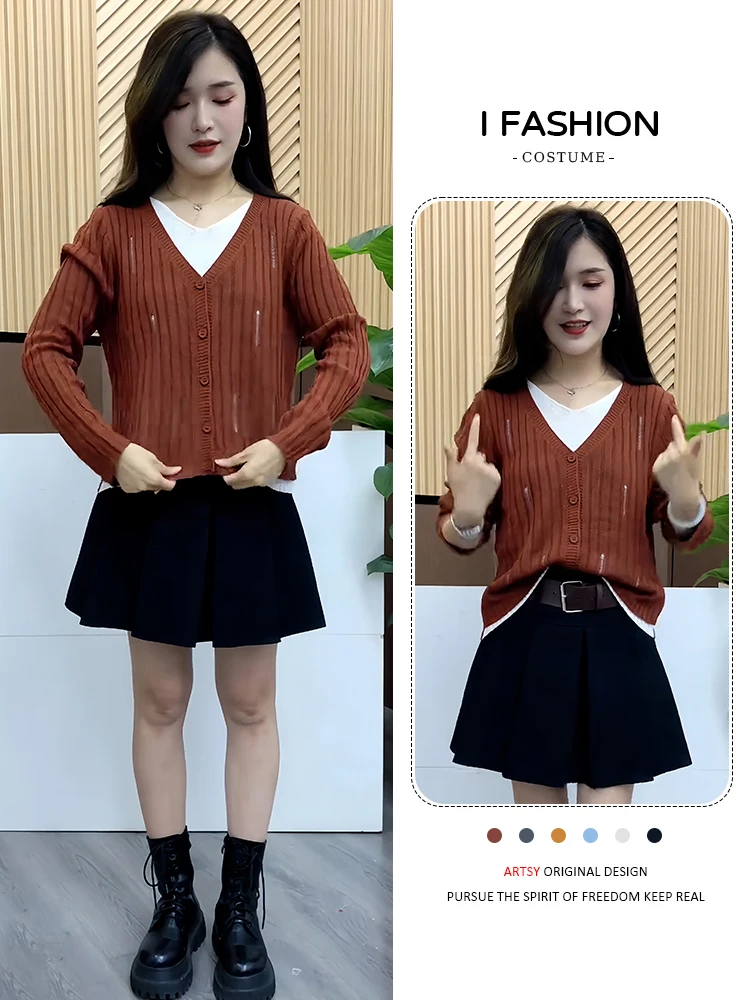 

Универсальный простой трикотаж с v-образным вырезом, женский свободный топ для похудения на осень, повседневная одежда, модный корейский сле