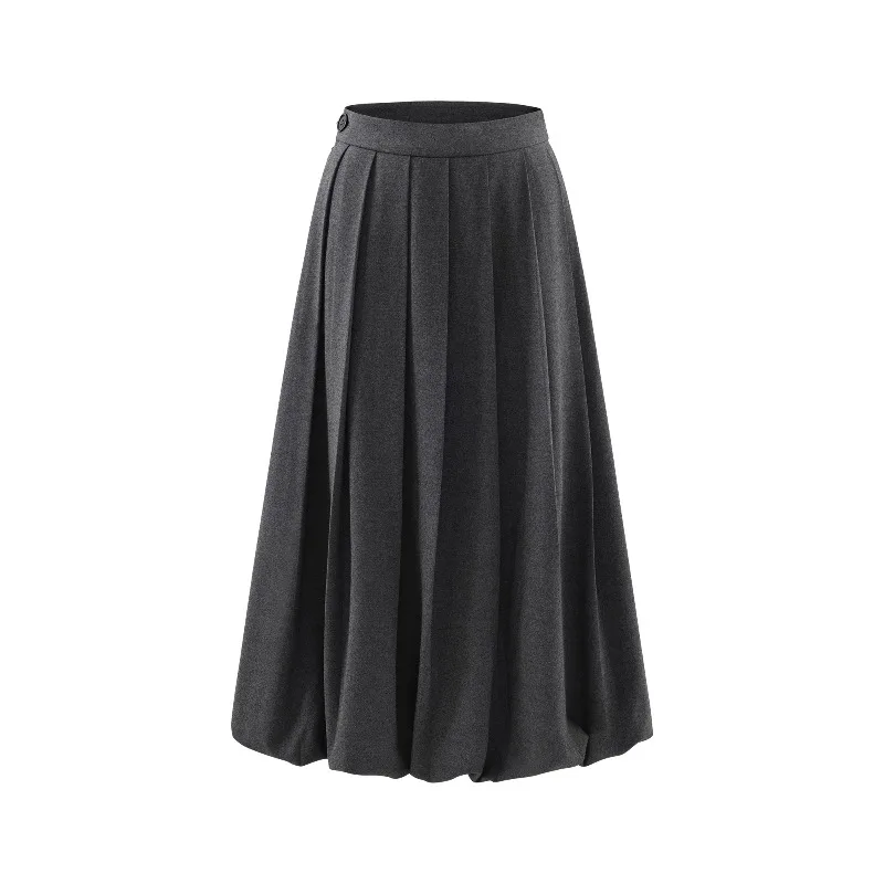 Eleganter Faltenrock mit hoher Taille, wollähnlicher Midi-A-Linien-Rock, Vintage-grauer, fließender Rock mit Puffsaum für Damen, lässiges, süßes Outfit