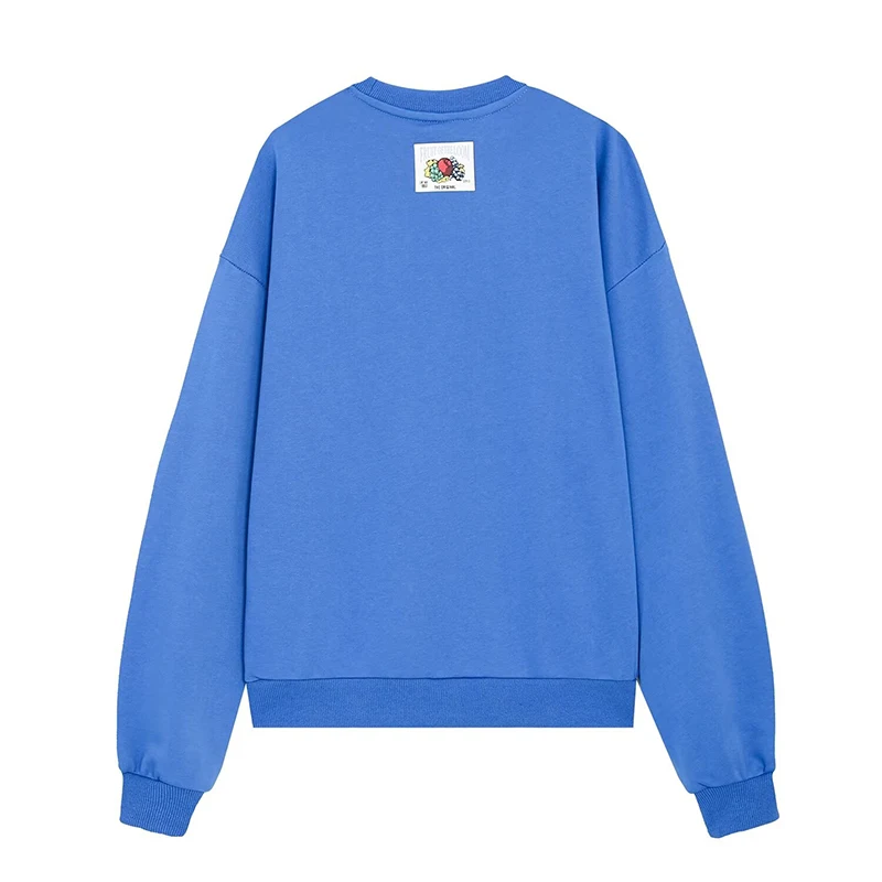 Autumn Women Blue Crew Neck Sweatshirt Vintage Fruit Graphic Print Long Sleeve Loose Pullover Top