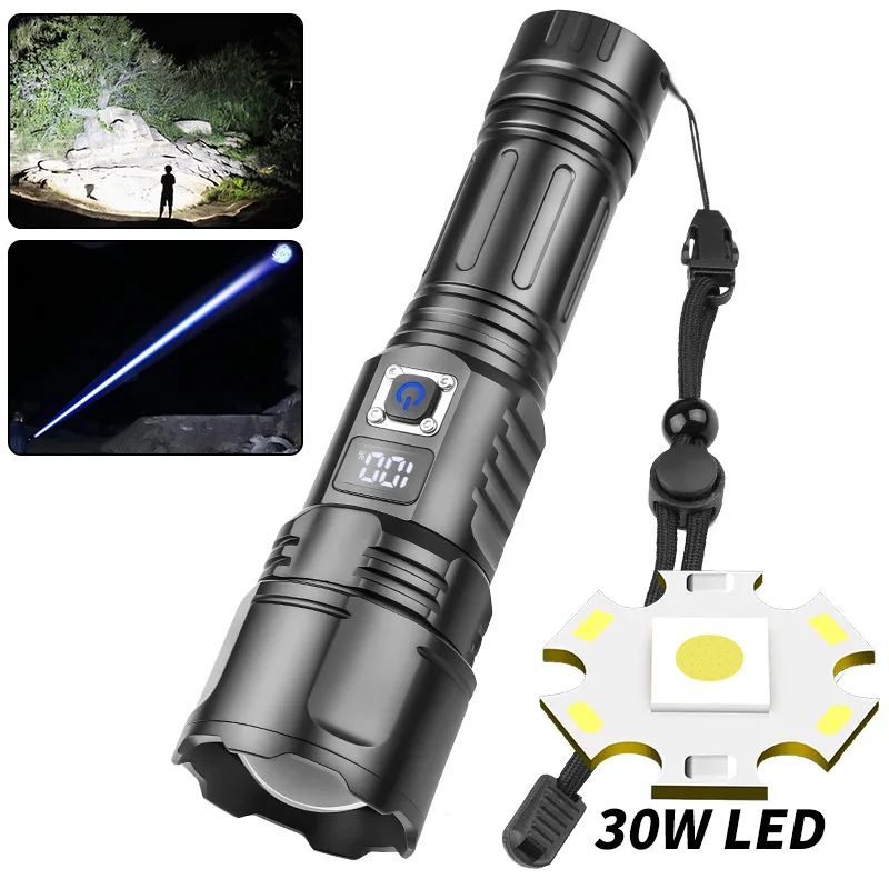 Super bright condenser flashlight, rechargeable 30W white laser, strong light digital, display remote flashlight