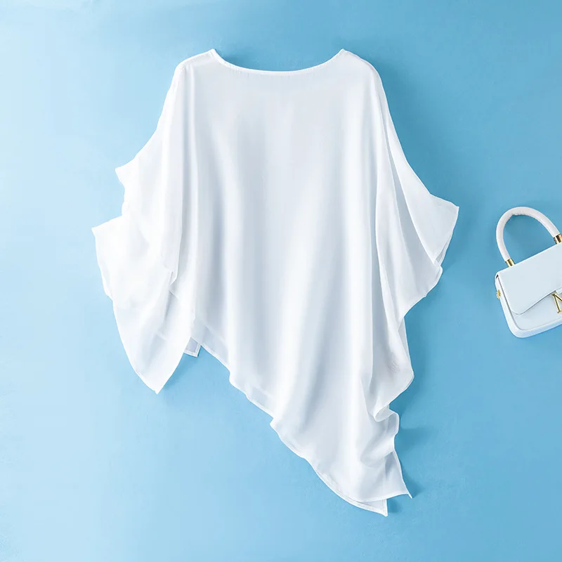 Winsleter- 100% Silk Elegant Sun Protection T-shirt, O Neck Solid, Woman Simplicity Loose Sunshade Top, 2026 Spring New T61806CC