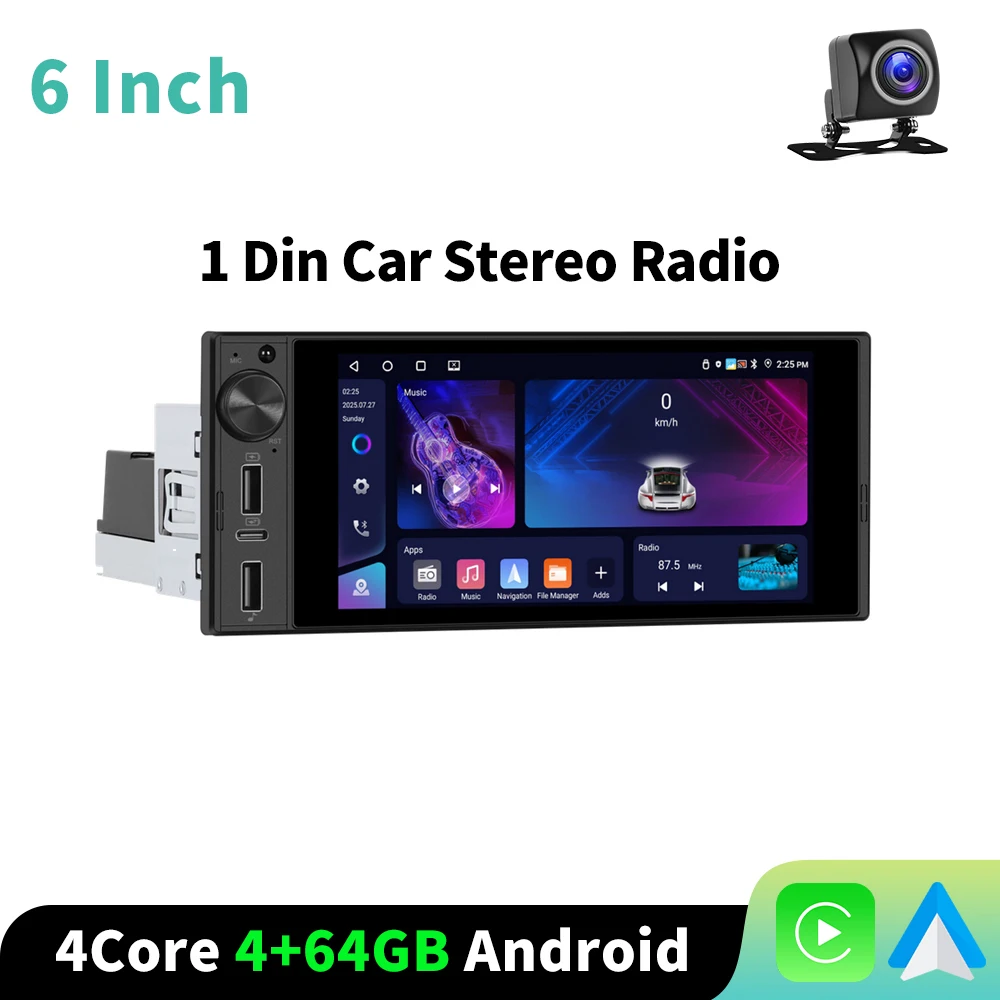 Podofo 6'' Incell Scherm CarPlay Autoradio 4+64G Hoofdunit GPS Navigatie WIFI Auto Multimedia Speler BT EQ FM/RDS Autostereo