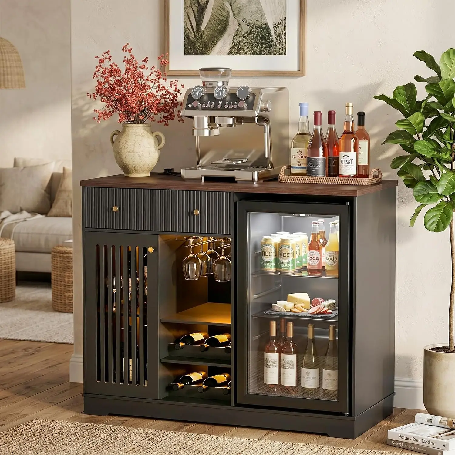 Coffee Bar Cabinet with Fridge Space & Wine Rack, Mini Fridge Stand, Buffet Sideboard Table for Home, Black 47.3