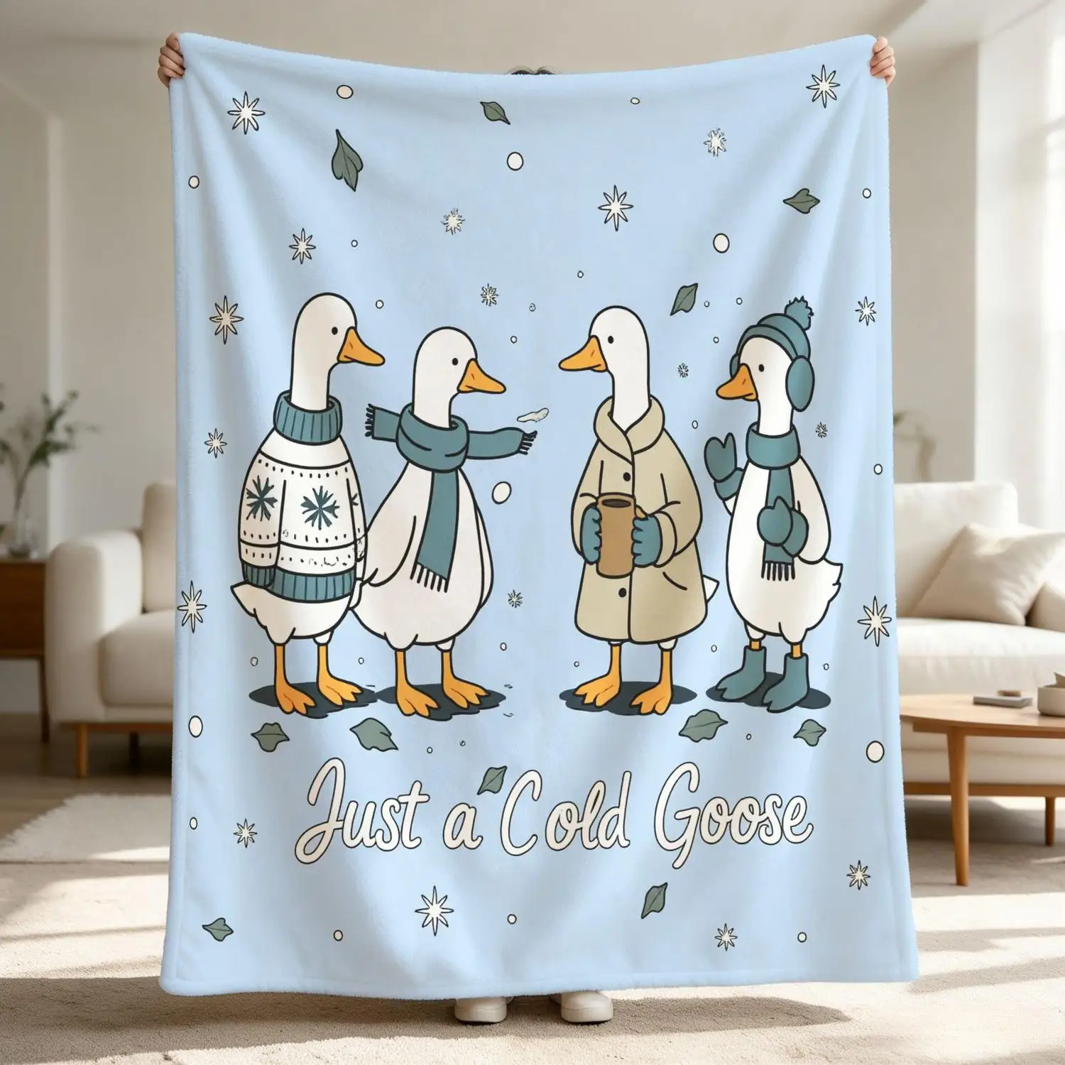 [Flannel Blanket] Just a Cold Goose Blanket, a Comfortable Winter Blanket with a Goose Theme, Featuring a Playful Cartoon Snow Scene Print