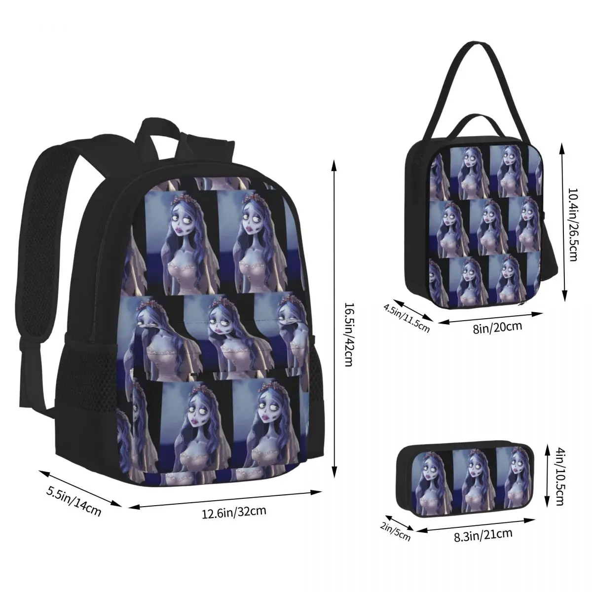 Emily The Corpse Bride Backpacks Kids Bookbag School Bags Rucksack Lunch Bag Pen Bag Three-Piece Set