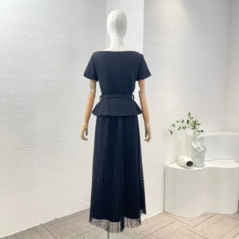 Women Pleat Lace Black Midi Dress Short Sleeve Belt One Shoulder Collar Elegant Ladies Dresses 2024 Summer New Top Quality