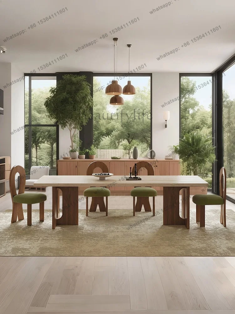 

Rectangle travertine rock slab dining table and chairs 2026 new French living room home solid wood dining table