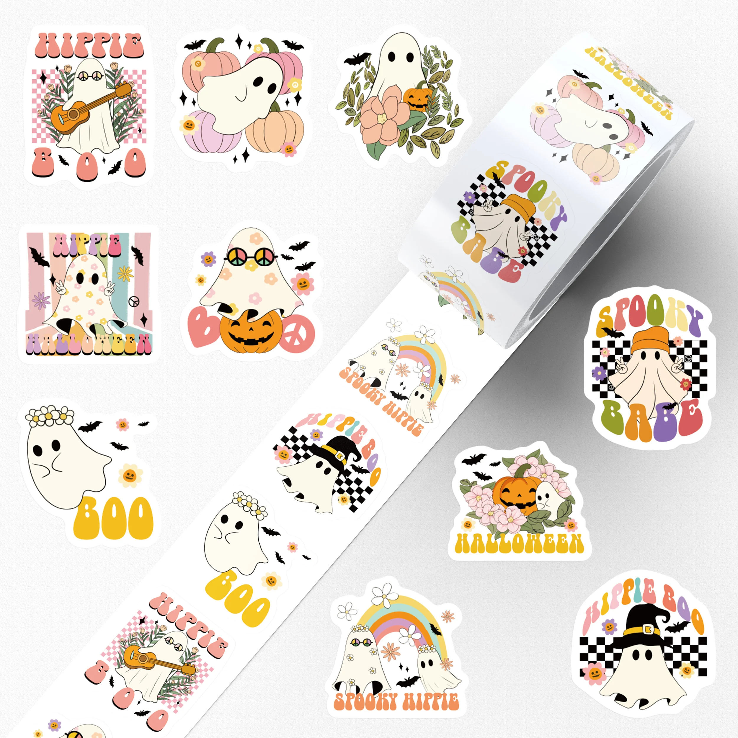 500pcs Hippie Spooky Boo Ghost Roll Stickers Decals For Laptop Scrapbook Skateboard Suitcase DIY Aesthetic Waterproof Stickers