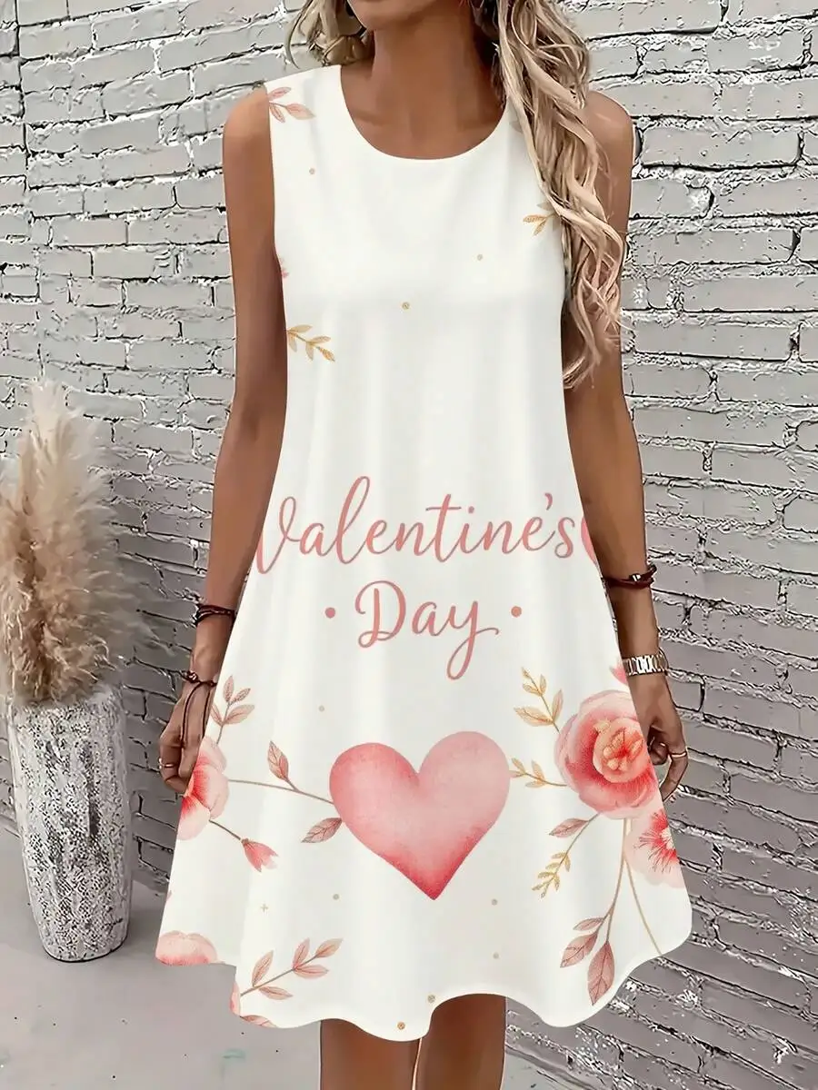 

Womens Sleeveless Floral Valentines Day Dress With Heart Print Romantic Spring Outfit