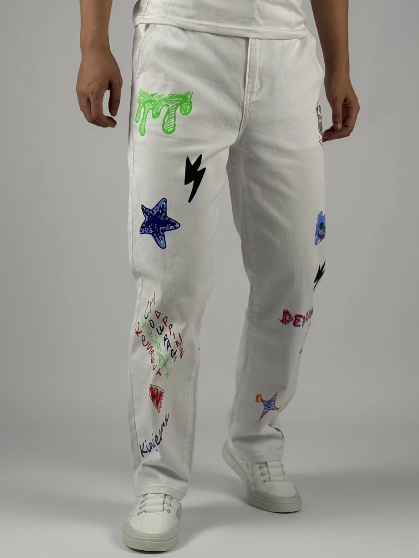 KING JEANS メンズ ストレッチウエストパンツ - ルーズストレートフィット - ヒップホップパーティートレンドプリント - クラシック万能ホワイト