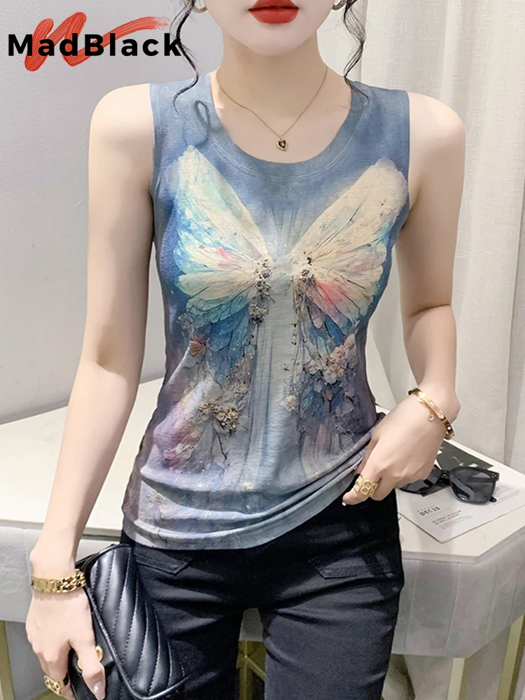 MadBlack Summer Euroepan Clothes O Necks Tank Tops Woman Sexy  Fashion Knit Butterfly Print Slim Vest Tops Sleeveless TeeT35257C