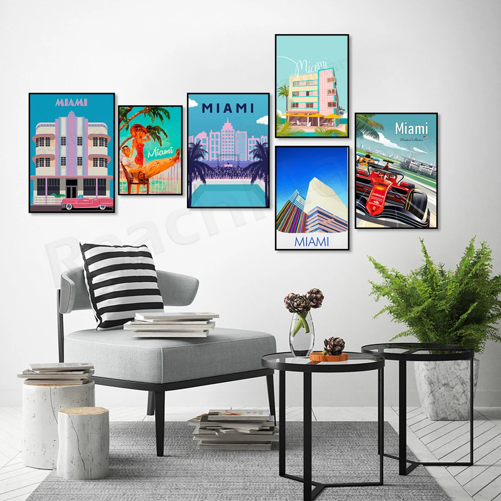 ملصق ميامي العتيق، شاطئ ميامي، طباعة فلوريدا، ملصق سفر أمريكي عتيق، صور ميامي، فن الجذب السياحي جدار ديكو #3