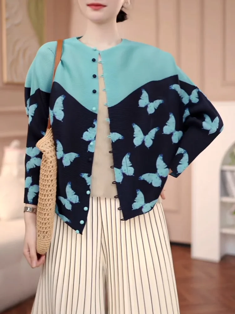 

Chinese Sle Vintage Print Knitted Open Cardigan Large Size Faionable Blue Top for Women Autumn New Arrival