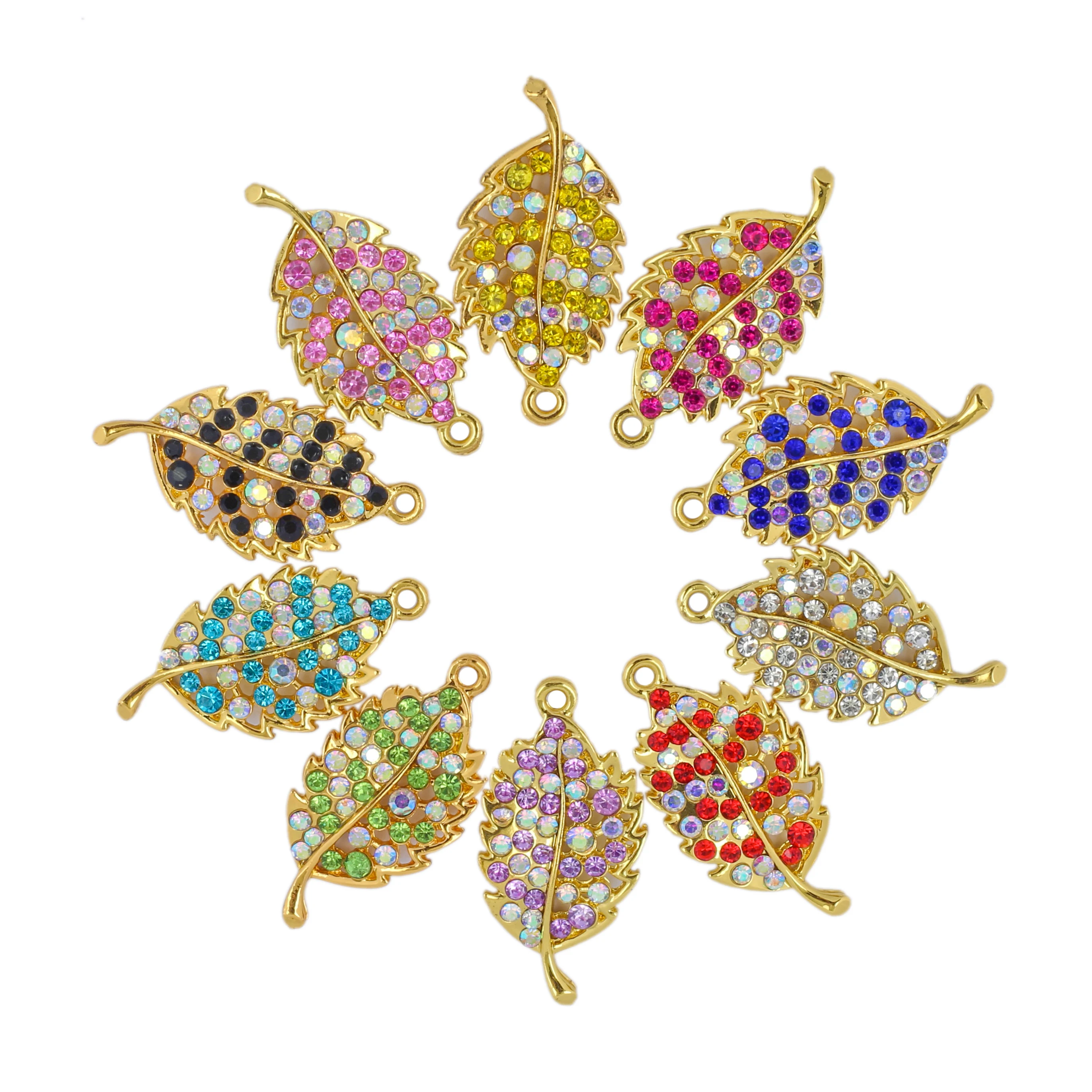 

10pcs Aolly Multiple colors Leaf Charms with Rhinestone for DIY Bracelet Bangle Making LC03