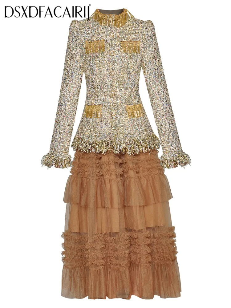 DSXDFACAIRIJ Women's Stand Collar Beaded Tassel Tweed Jacket Elastic Waist Mesh Skirt Two-Piece Set Fashion Autumn Collection