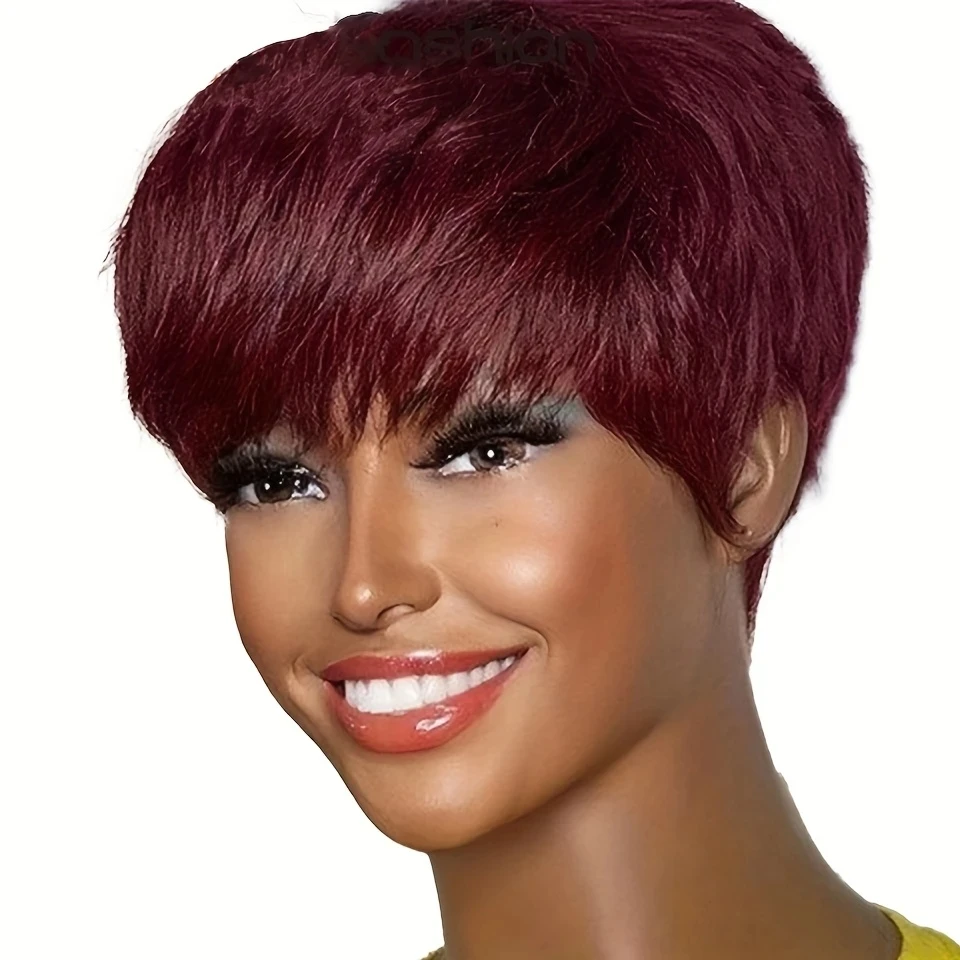 350 짧은 픽시 컷 가발 인모 여성용 인모 가발 전체 기계 짧은 직선 가발