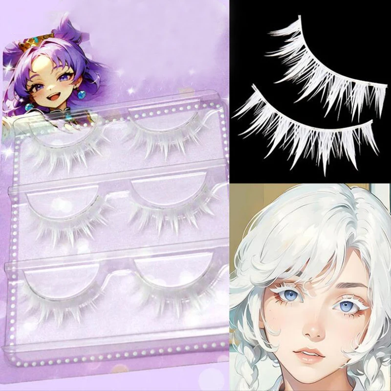 Pestañas postizas de Anime Cosplay, pestañas blancas, maquillaje de escenario para adultos, accesorios de bricolaje para Halloween, mujeres y hombres, 3 pares