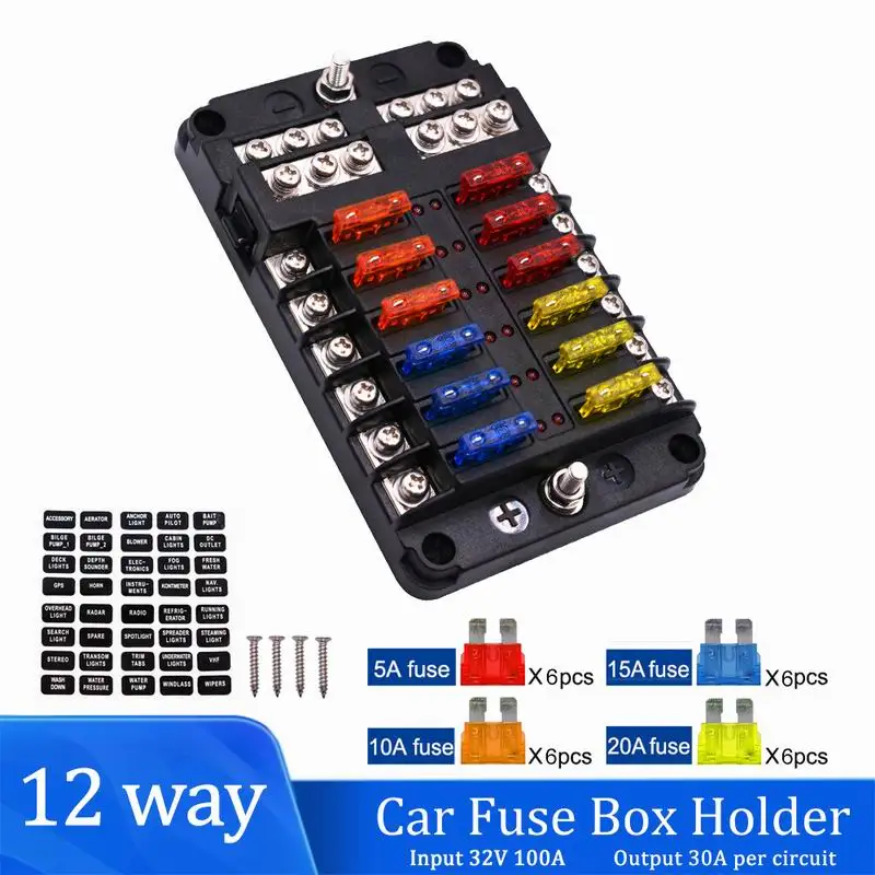 12 way Car Blade Holder Fuse Box 12ways Modified Terminal Block Fuse with LED Warning Light for Car Boat Marine Trike 12V 24V