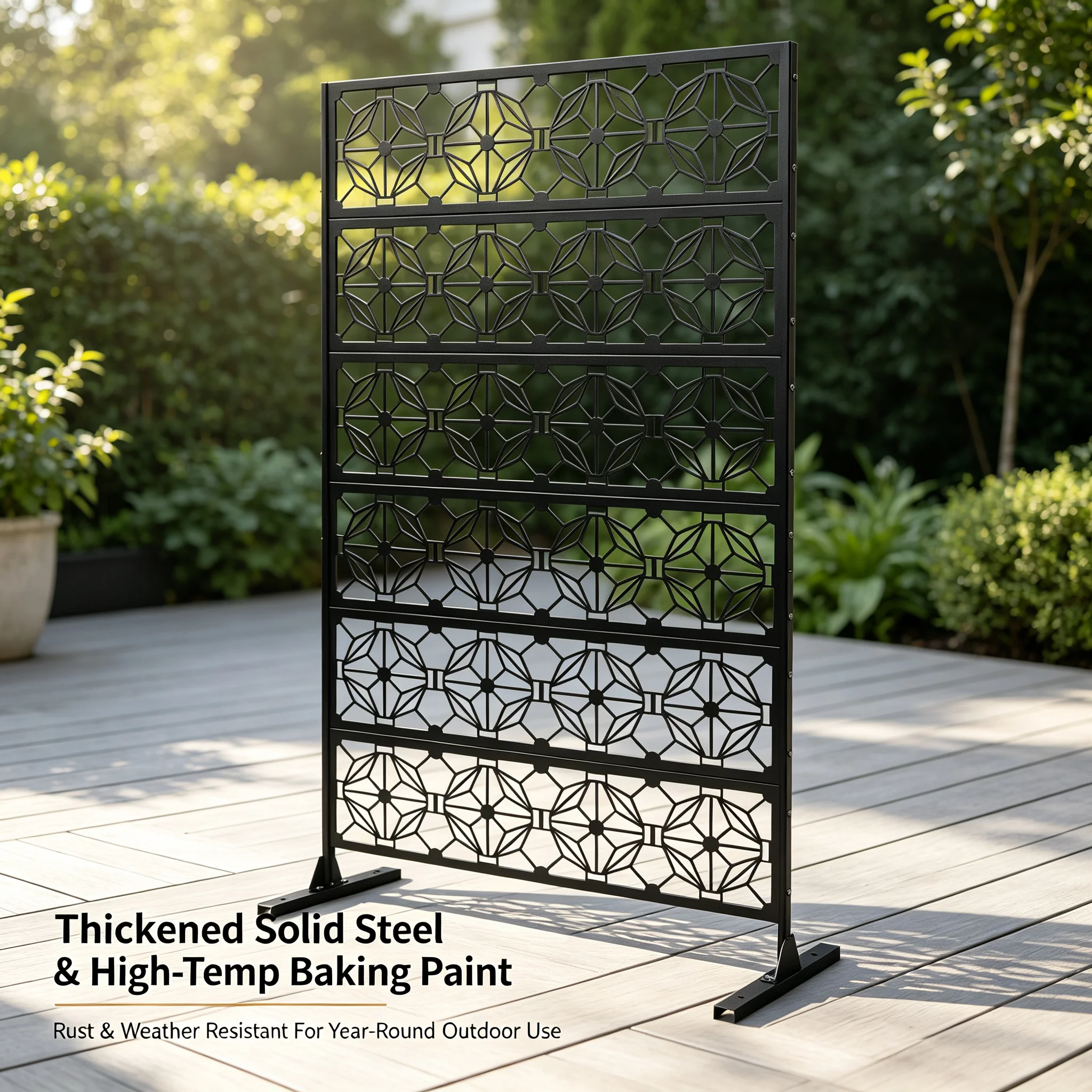 Outdoor Privacy Screen 113x181cm, Freestanding Metal Fence Panel with Flower Hollow Design, Decorative Room Divider for Patio Balcony Garden Deck, Black