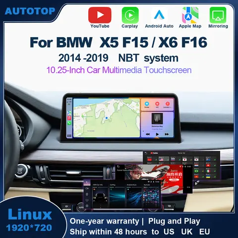 AUTOTOP 10.25" Youtube wireless CarPlay android auto Car multimedia Player For BMW X5 F15 X6 F16 2014-2018 NBT,Radio Stereo,GPS