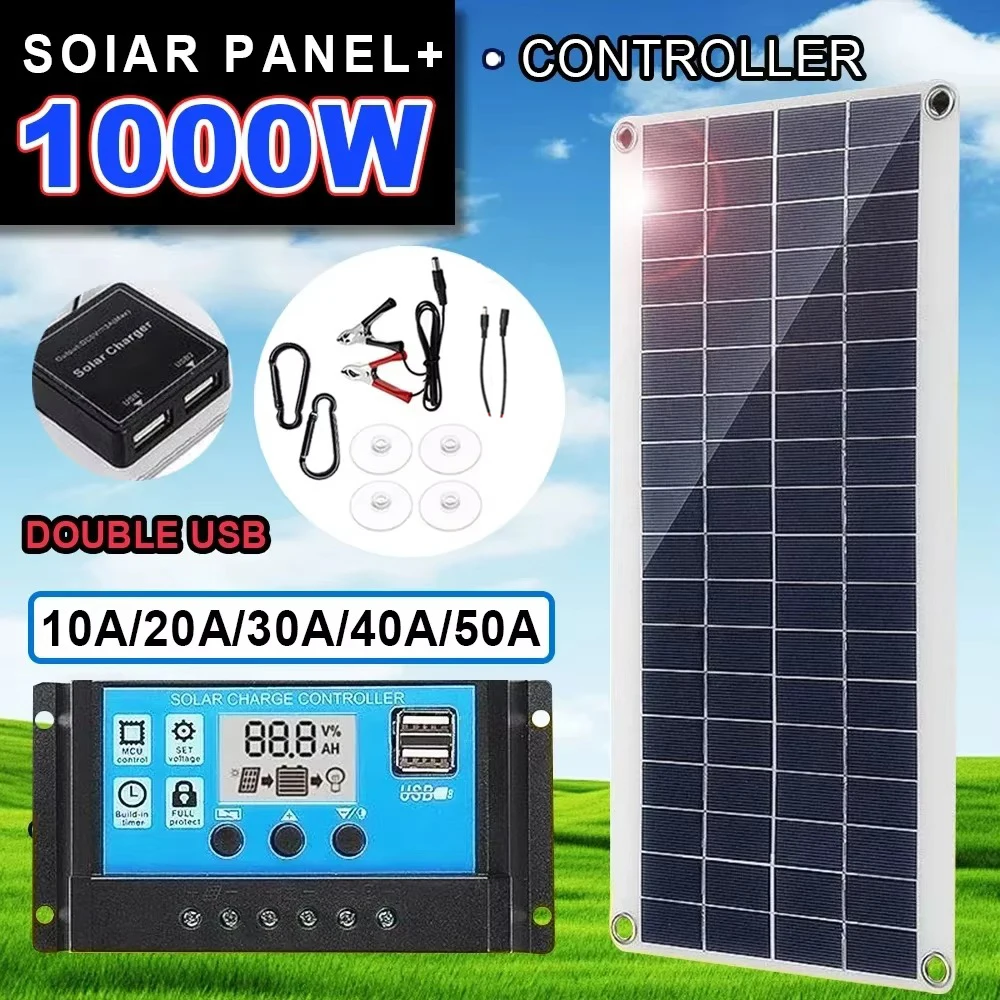 1000W Panel słoneczny 12V Solar Cell 10A-100A Controller Solar Plate Kit for Phone RV Car Caravan Home Camping Outdoor Battery