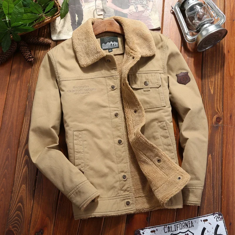 Autumn Winter Man Cargo Jacket Plus Velvet Warm Fashion Trend Vintage Tooling Coat Male Casual Wild Top Clothing Streetwear New