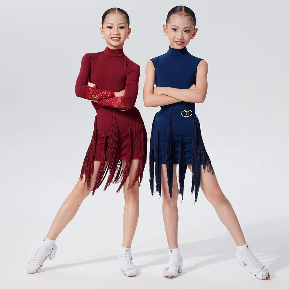 

2025 Kids Latin Dance Costumes Girls Dress High Neck Top Tassels Skirt Split Suit Chacha Latin Performance Clothing Wear DN22147